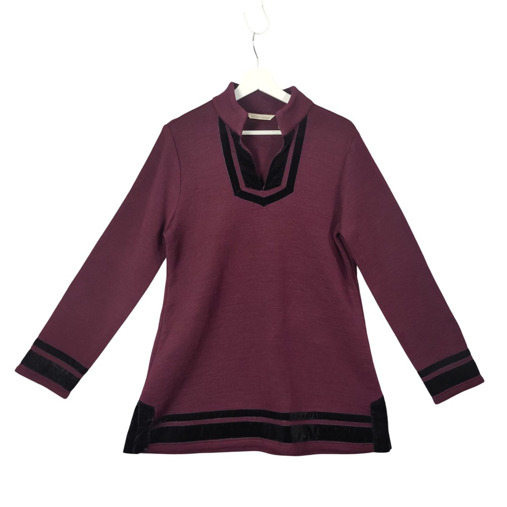 Soft Surroundings Wool Tunic Sweater Womens Medium Velvet Trim‎ Mock Burgundy